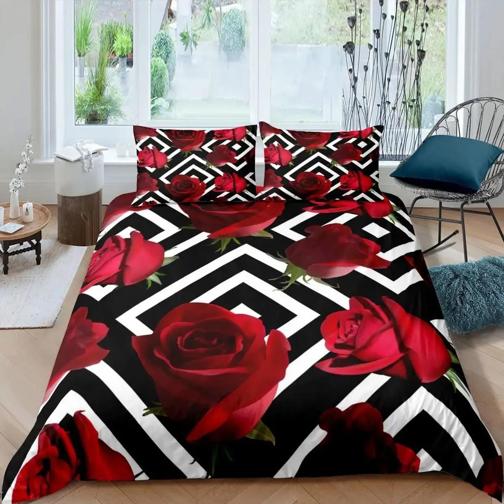 Růžová sada povlečení pro ženy Elegantní fialový květinový potisk Ložní sada Romantické květiny Třpytky King Size povlak na přikrývku Pro páry