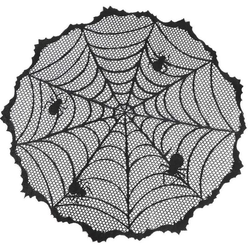 Halloween Spiderweb Tablecloth Black Lace Cobweb Decor with Spiders for Fireplace Mantle Kitchen Party Table Decorations