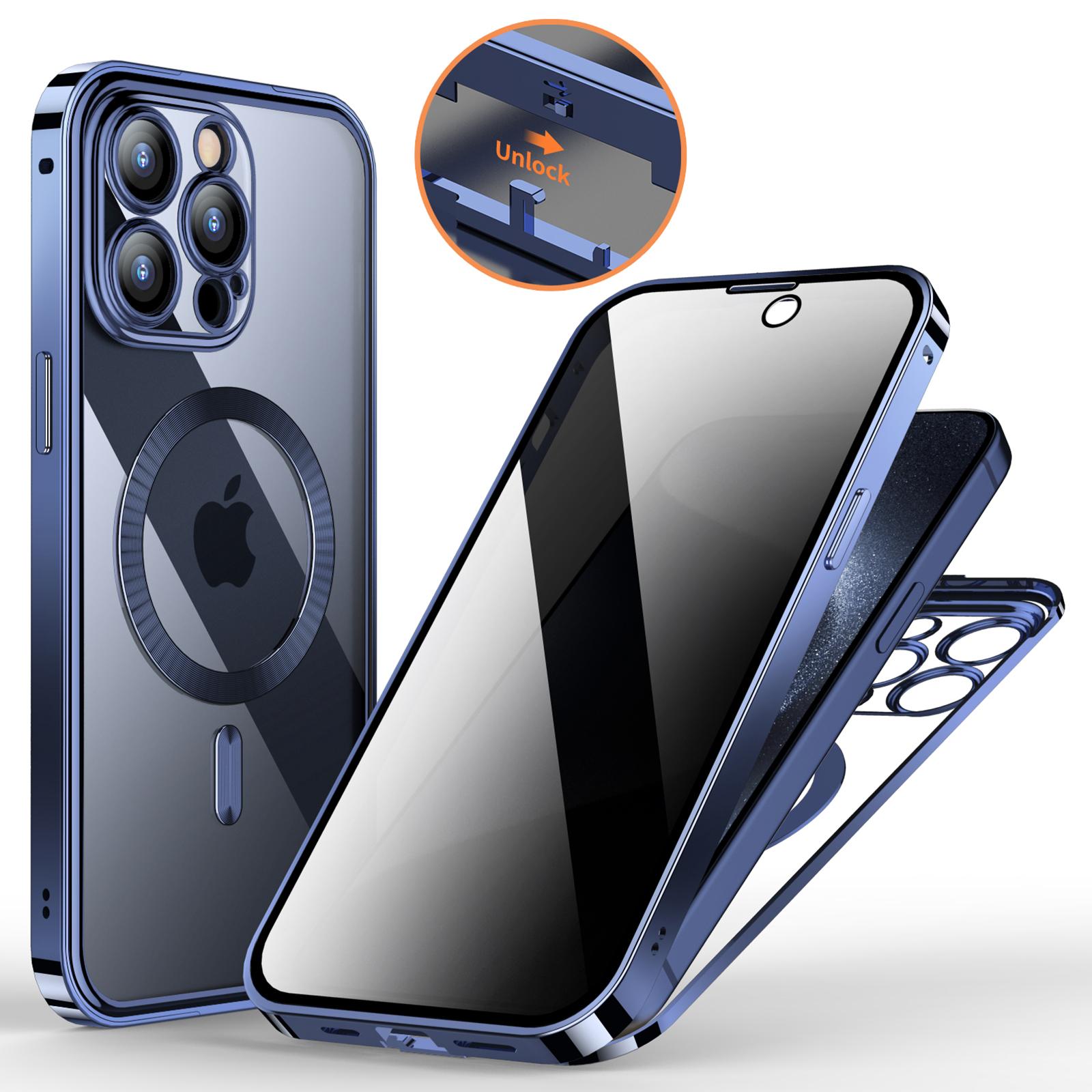 

For iPhone 15 Pro Max Magnetic Case Tempered Glass+PC Anti Peeping Phone Cover Dark Blue