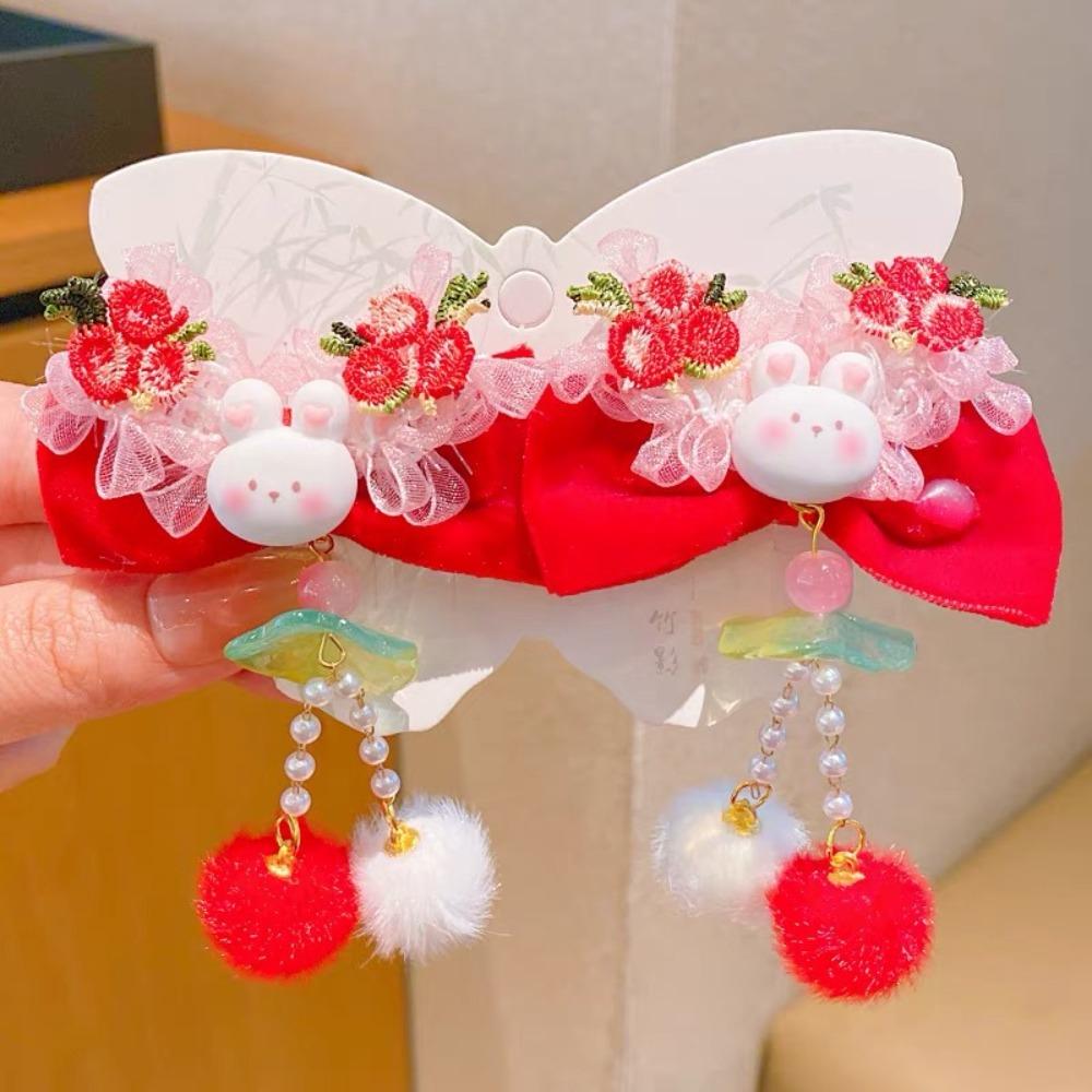 Bowknot Plush Fringe Hairpin Rabbit Chinese Style Barrettes Children's New Year Hair Clip  Festival