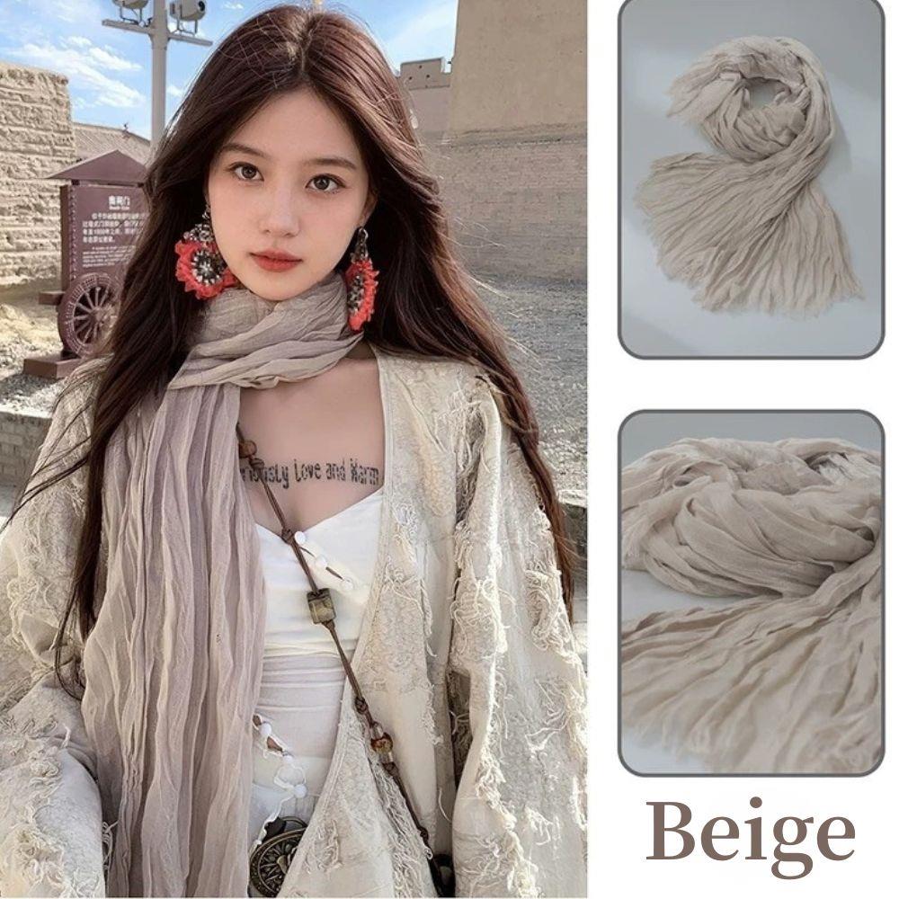 Autumn Winter Women Long Scarf Solid Color Pleated Elegant Womens Shawl Vintage Casual Warm Neck Warmer Trend Cotton Hemp Scarf