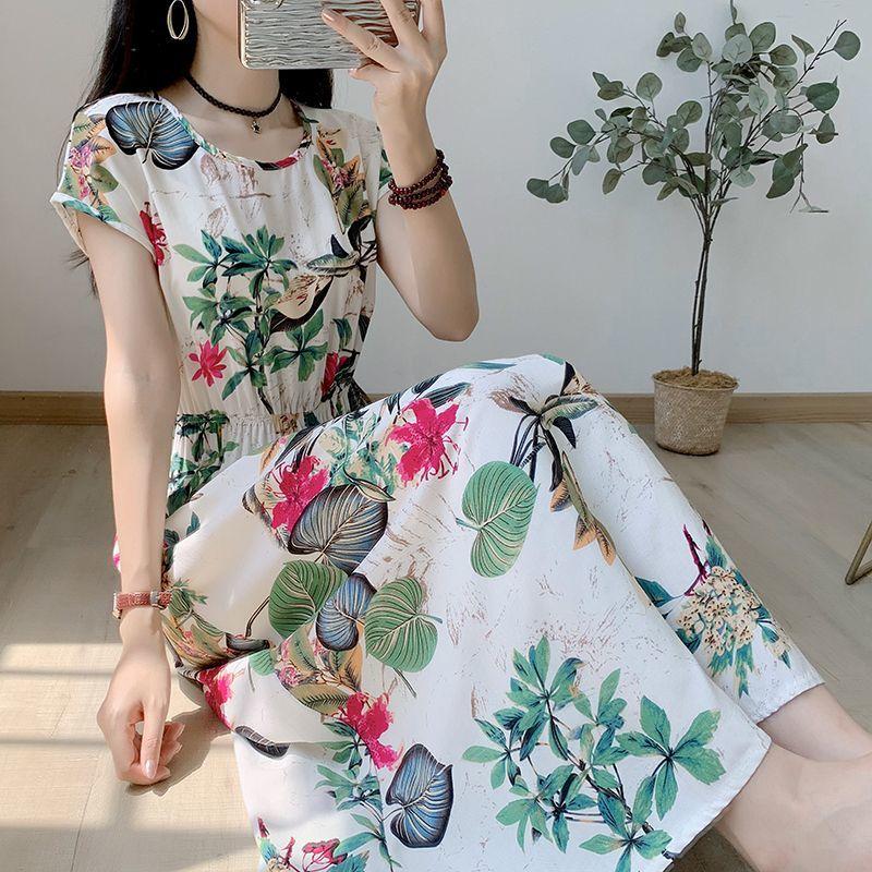 Свободное и обтягивающее хлопково-шелковое платье с короткими рукавами для летней — фото 12