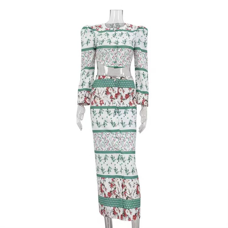 

Европейский и американский новый модный принт Топ с длинным рукавом Комплекты юбок Комплект из топа и юбки с принтом Green L