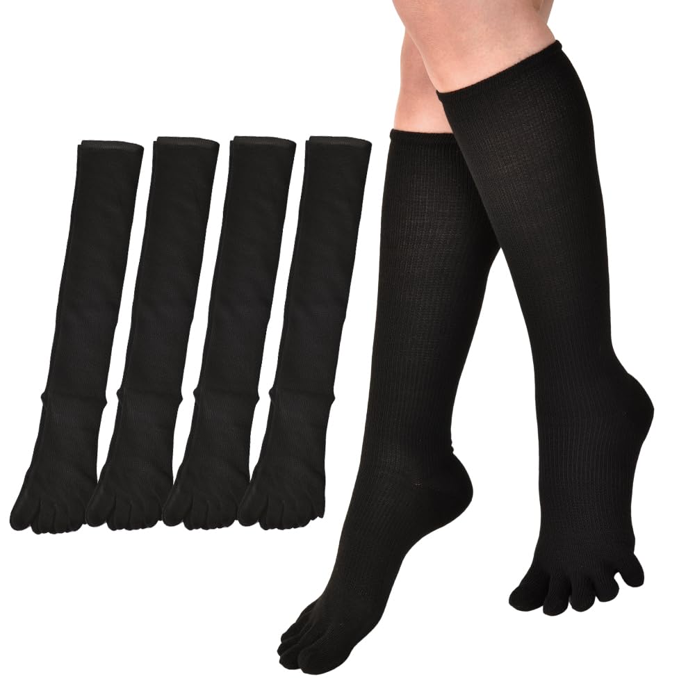 Knee Sizes Set of 4 Number Cotton [NAKAMAJITA] Five-Toe Socks, 22-25cm, Black, (JP, Size, 22.0 cm, 25.0 cm, Standard, Blend, Black)