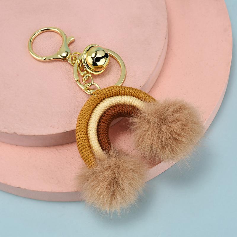 Bohemian Rainbow Fur Ball Keychain with Hand-Woven Cotton Rope and Faux Rabbit Fur Pendant