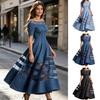 Damen schulterfreies Jeanskleid, Netz-Patchwork Kurzarm A-Linie Swingkleid, Sommer Reise Urlaub langes Kleid