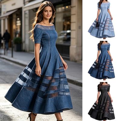Vestido Jeans Feminino Tomara que Caia, Vestido Longo de Verão para Viagem e Férias com Mangas Curtas e Patchwork de Renda, Corte Evasê