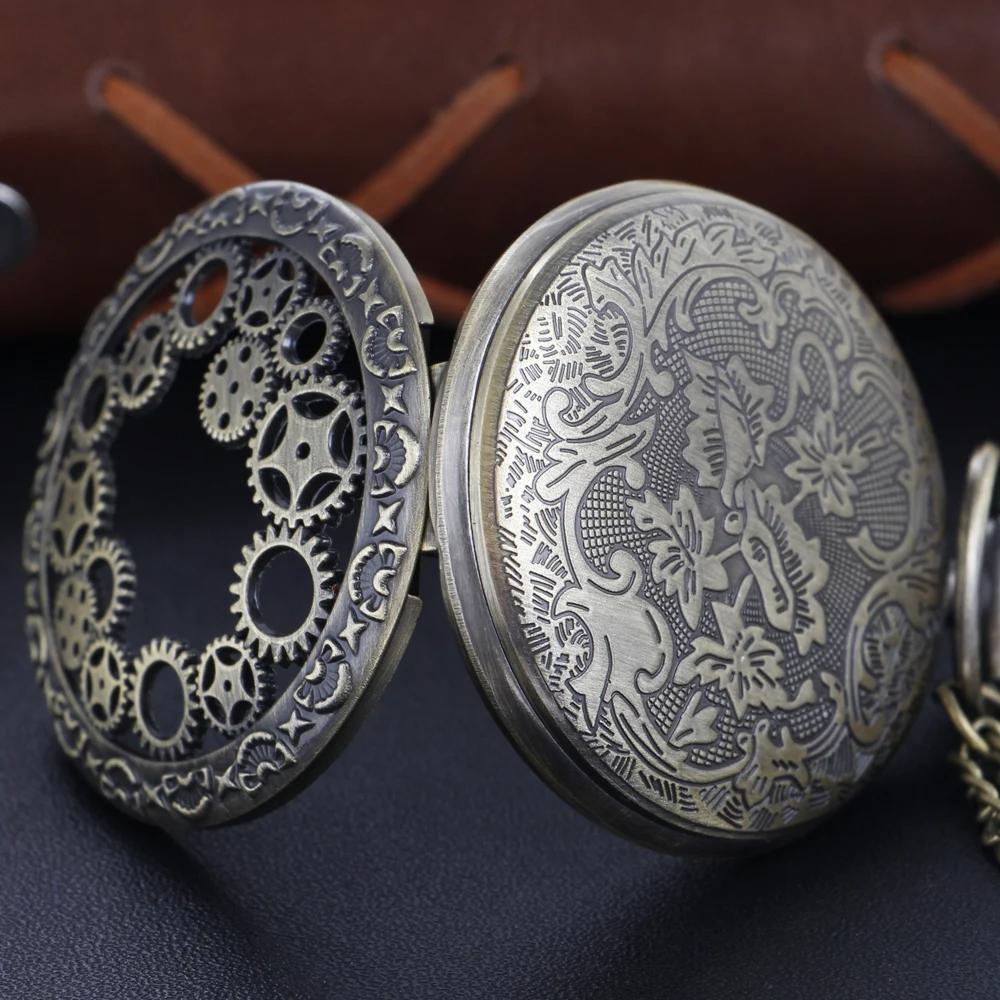 New Fashion Retro Design Hollow Gear Fob Watch Vintage Bronze Pocket Watch Necklace Chain Pendant Quartz Watches Birthday Gifts