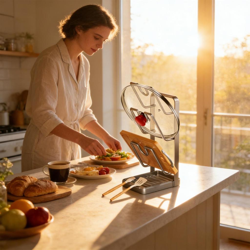 Pot Lid Holder Carbon Steel Drying Rest With Tray Pot Lid Holder While Cooking For Cutting Board Baking Sheet Utensil Kitchen
