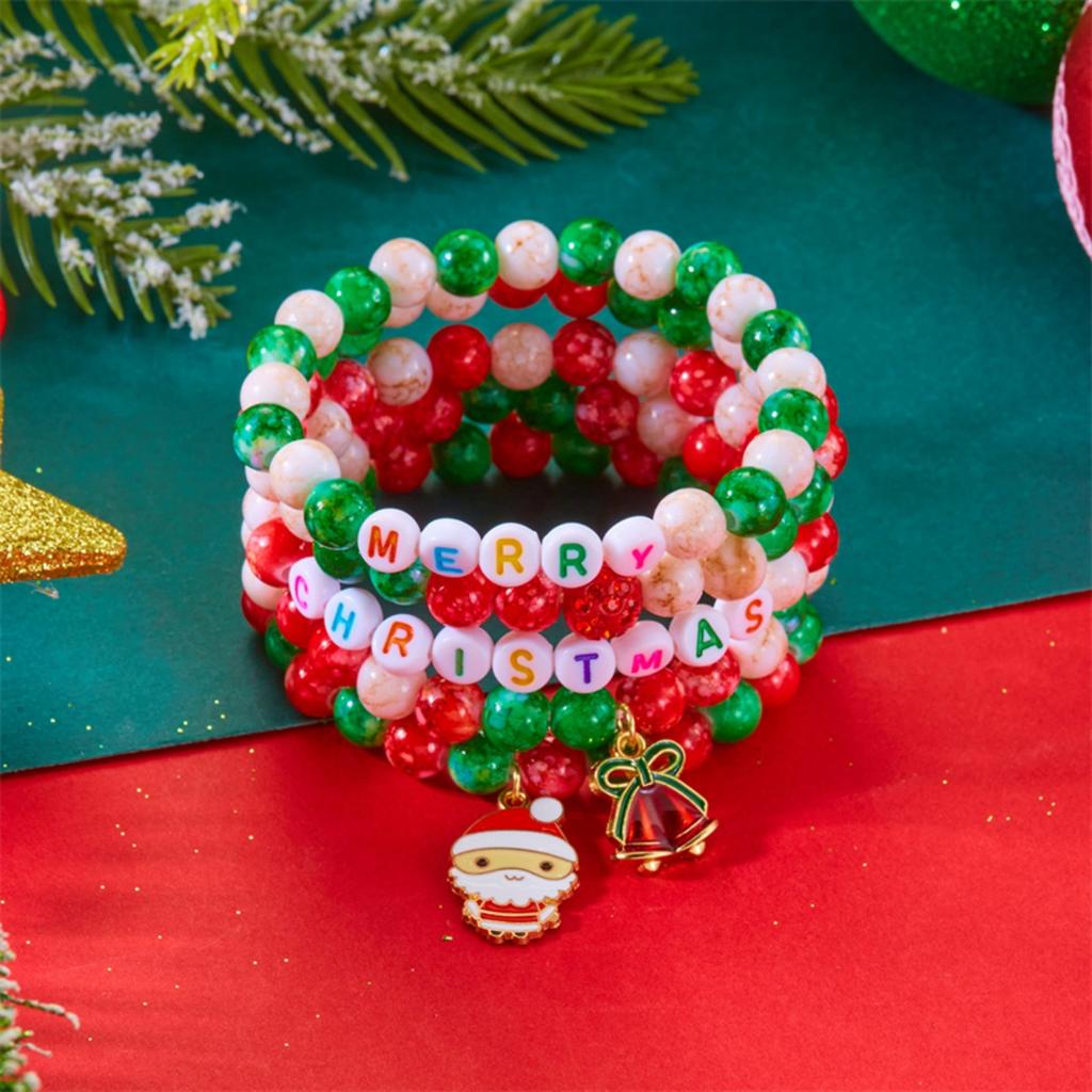 Christmas Snowflake Candy Snowman Reindeer Santa Claus Bell Soft Clay Crystal Rice Bead Multi-Layer Bracelet For Women Men Gift