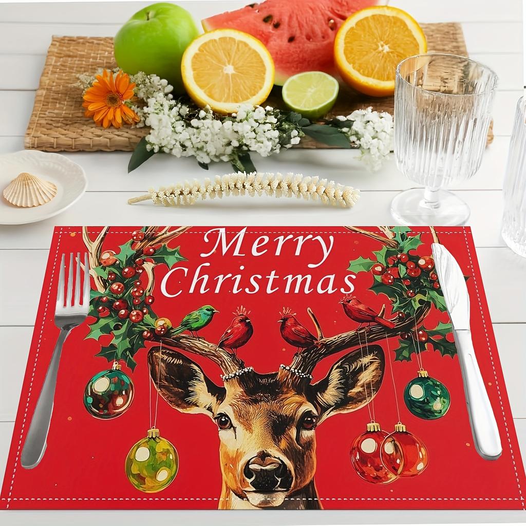 4pcs Christmas Holly Wildlife Deer Pattern Placemats Seasonal Holiday Decor Suitable for Home Kitchen Dining Indoor Outdoor