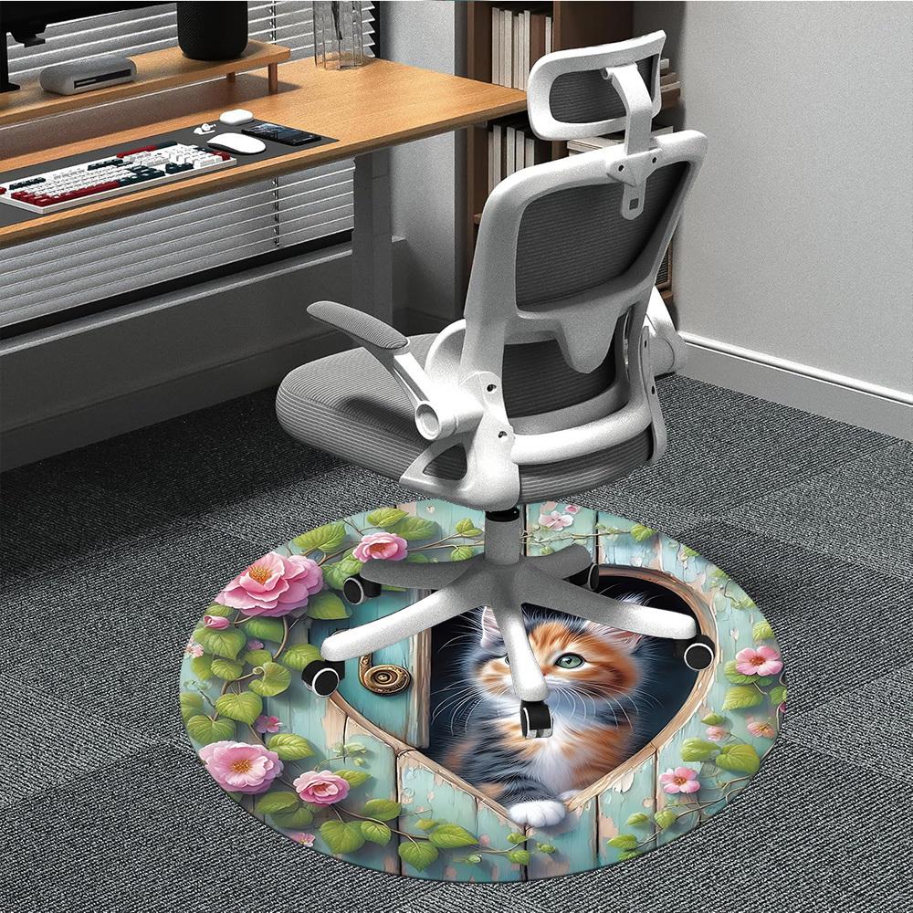 

1pc Cat Door Decor Chair Carpet for Office, Round Polyester Mat, Indoor Decor for Office, Easycare Fabric, Washable Non-slip Area Carpet 80cm