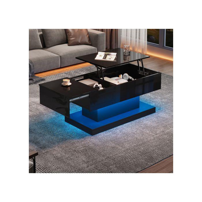Table Basse LED Haute Brillance Table Basse 100x50x45 Cm, Avec Éclairage LED - Plateau Semi-soulevable