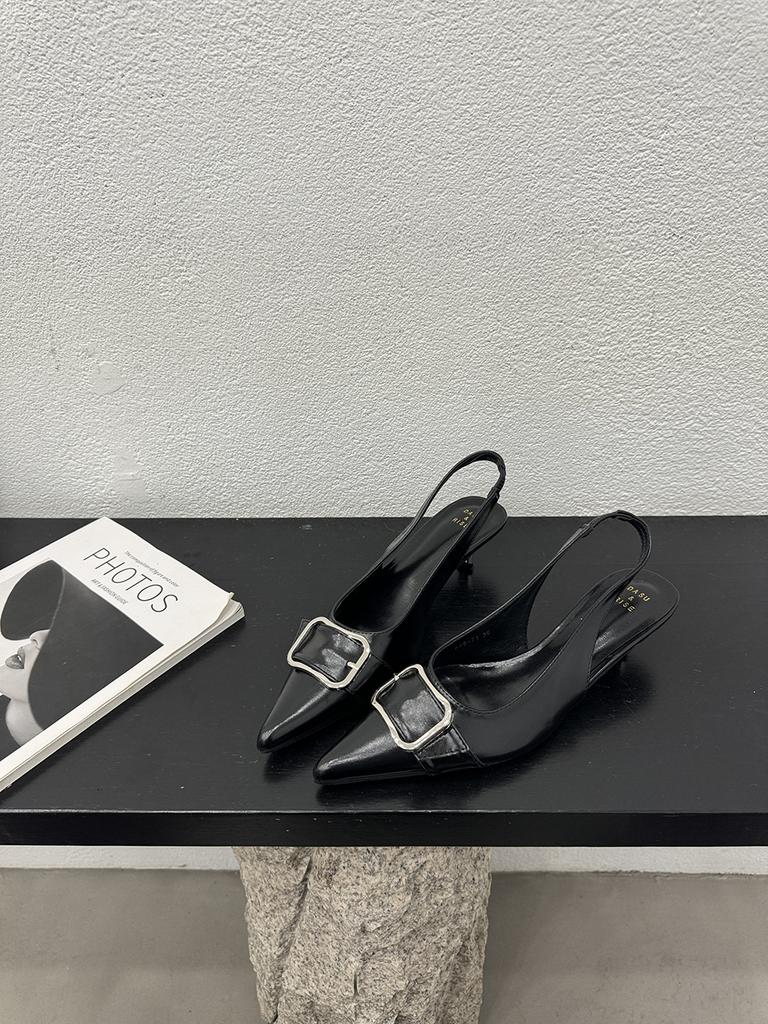 Fashion Fashion Women Sandals Pointed Toe Summer Dress Shoes Thin Mid Heels Black Beige Blue Silver Belt Buckle Party Sandals Summer 39