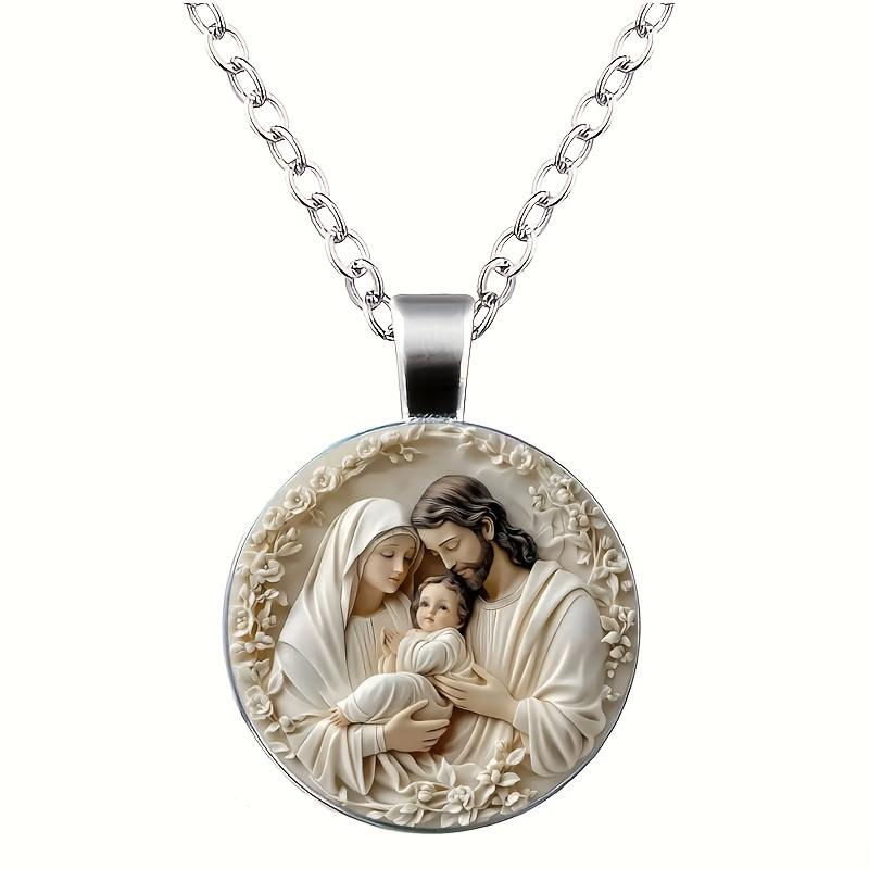 Three-person Family Virgin Mary Necklace Time Gemstone Glass Alloy Pendant Simple Fashionable Women's Necklace