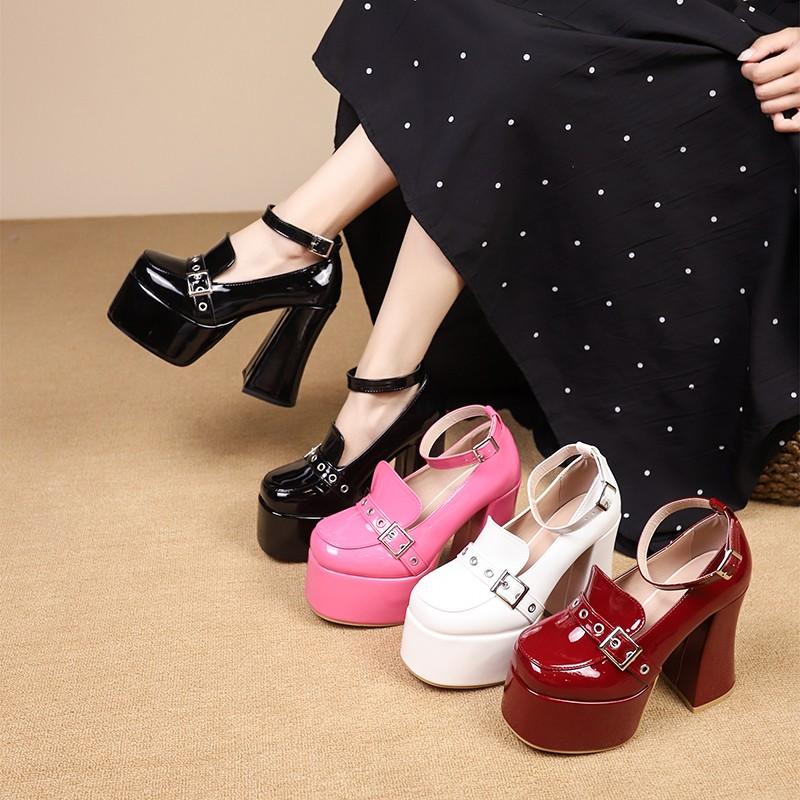 Sexy High Heel Shoes New Round Head Shallow Mouth Metal Buckle Thick Heel Waterproof Platform Mary Jane Women's Shoes