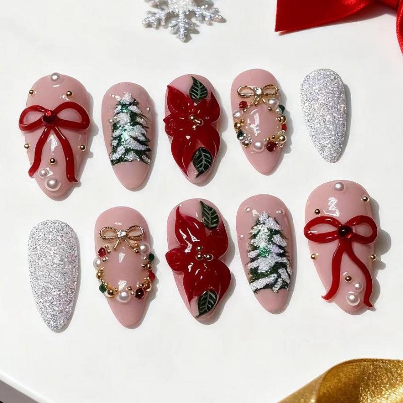 24-Piece Christmas Almond Glitter 3D Rhinestone Press-on Nails with Tree & Bow Designs