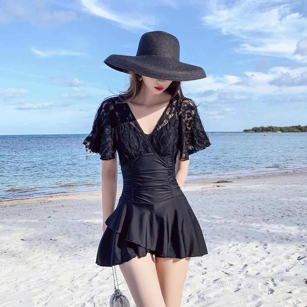 Costume da bagno contenitivo stile coreano: Dimagrante, Gonna, Push-Up, Cut-out, Maniche Corte, Copertura Braccia, per Seno Piccolo.