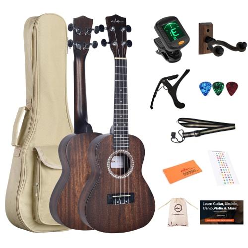 ADM Concert Ukulele Kit, 23-inch Mahogany Beginner Ukulele Set - Includes Gig Bag, Tuner, Strap, Fretboard Stickers, Picks, and Storage Bag (Matte Bro