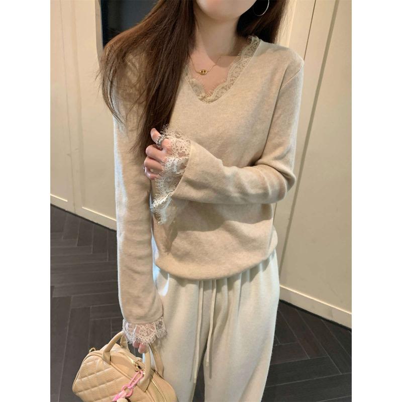 

Flared Sleeve Collar Lace Splicing Bottom Shirt Women s Autumn and Winter Pure Desire Style Slim-fit Knitted Sweater Top L