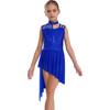 Girls Sleeveless Mock Neck Leotard Dress – Asymmetrical Shoulder Floral Lace with Rhinestones, Irregular Hem for Lyric Dance