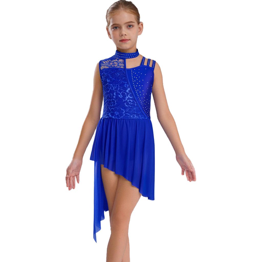 Girls Sleeveless Mock Neck Leotard Dress – Asymmetrical Shoulder Floral Lace with Rhinestones, Irregular Hem for Lyric Dance