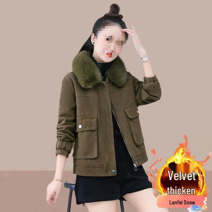 Women s 2025 Fashion Velvet Fur Collar Parka - Thick, Short, and Elegant Winter Coat 4XL коричневый