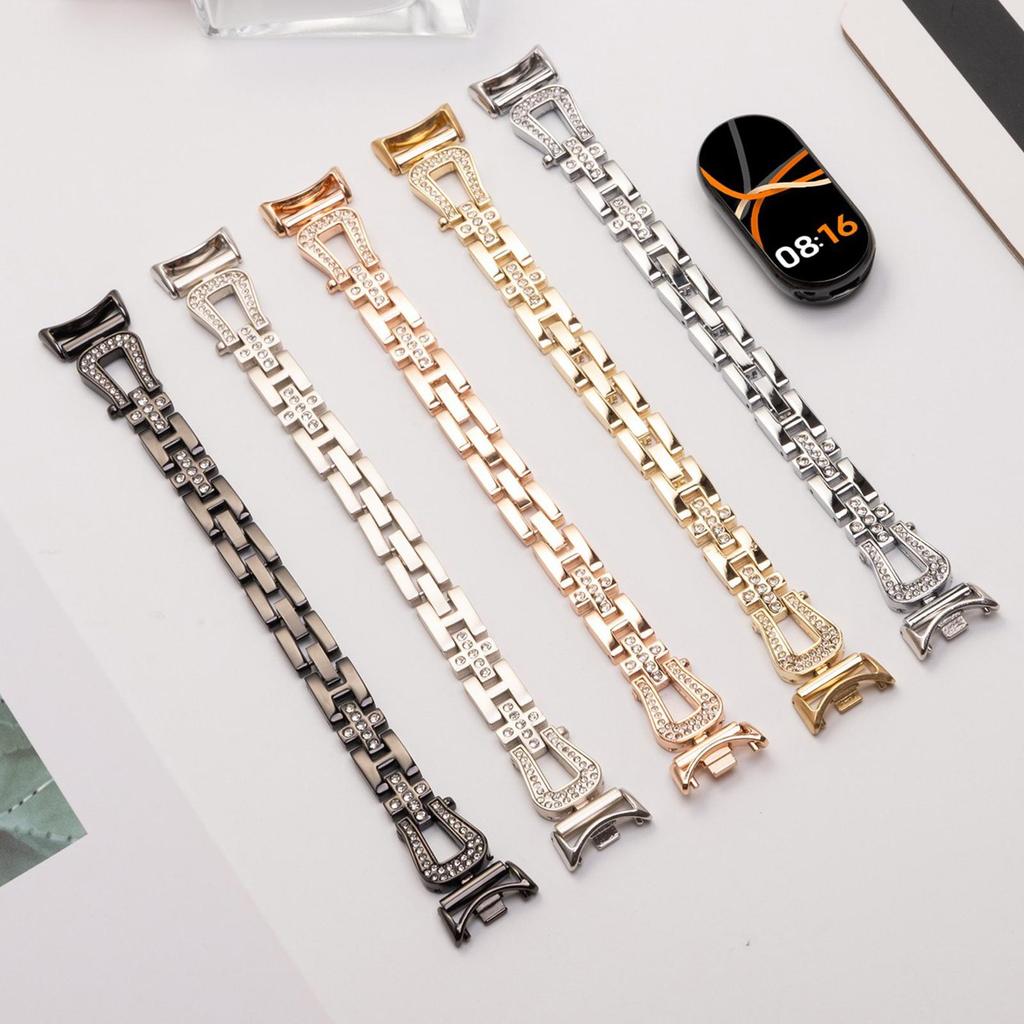 Metal Watch Strap for Xiaomi Smart Band 9 NFC/9/8 U-Shaped Rhinestone Wrist Band