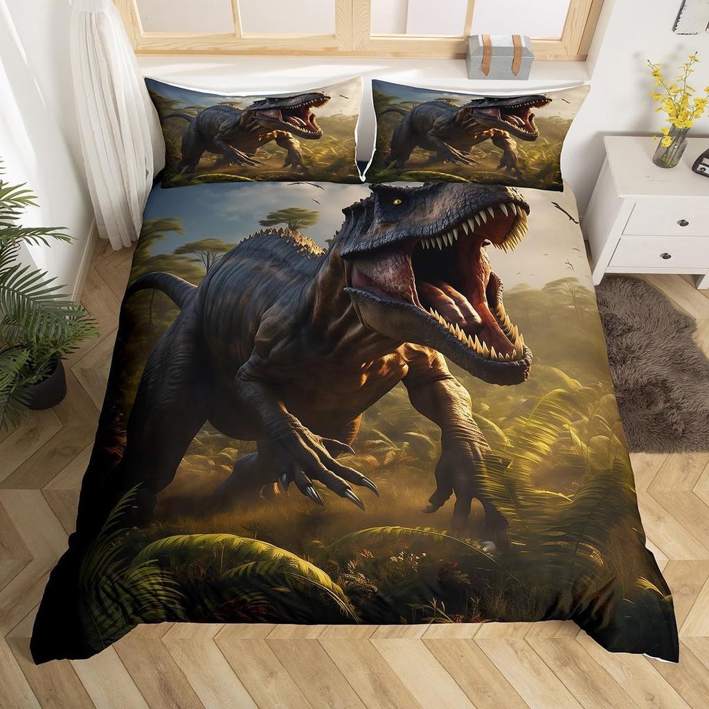 Kids Dinosaur Duvet Cover Twin Queen Bedding Set for Boys Teen Cartoon Jungle Dino Comforter Cover,3D Ancient Animal Quilt Cover