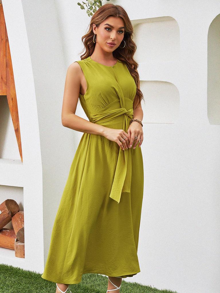 Women's Sleeveless Waist-Hugging Long Dress - Summer/Autumn, Elegant European & American Style, Slimming Fit