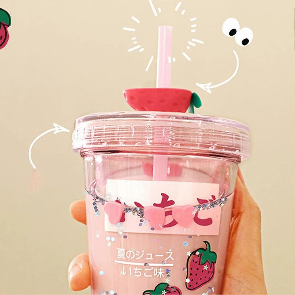 11.2oz Cute Water Bottle With Straw, Glitter Double Wall Water Bottle With Straw Kawaii Cup Strawberry Water Bottle Kawaii Cups