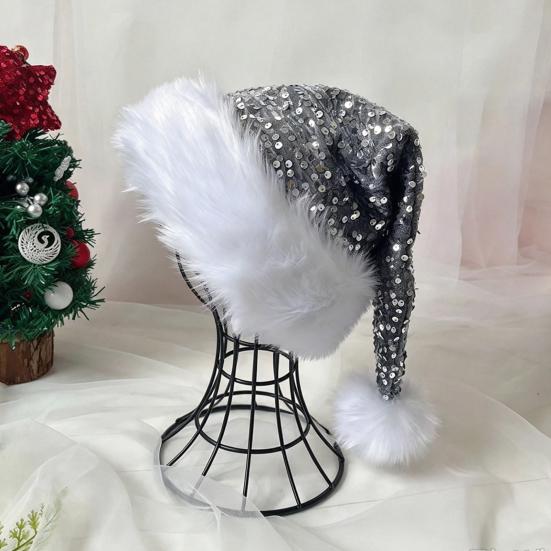Christmas Decoration for Holiday Events Sparkly Santa Hat Women Men, Glitter Sequin with White Fluffy Trim Gift Friends Family And Pom Pom,