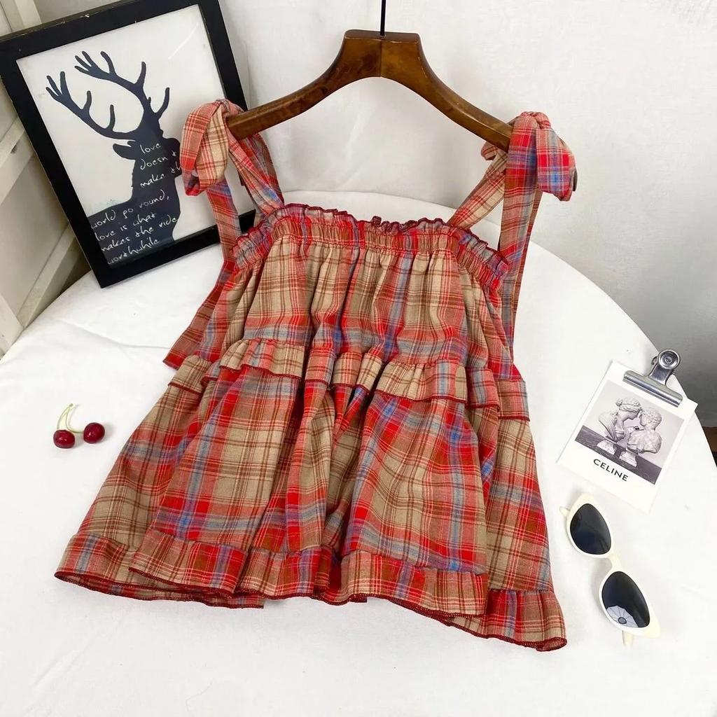 Summer Women's  Vintage Tanks & Camis Lace Up Green Crop Top Plaid Strap Sleeveless Tank Tops Clothes
