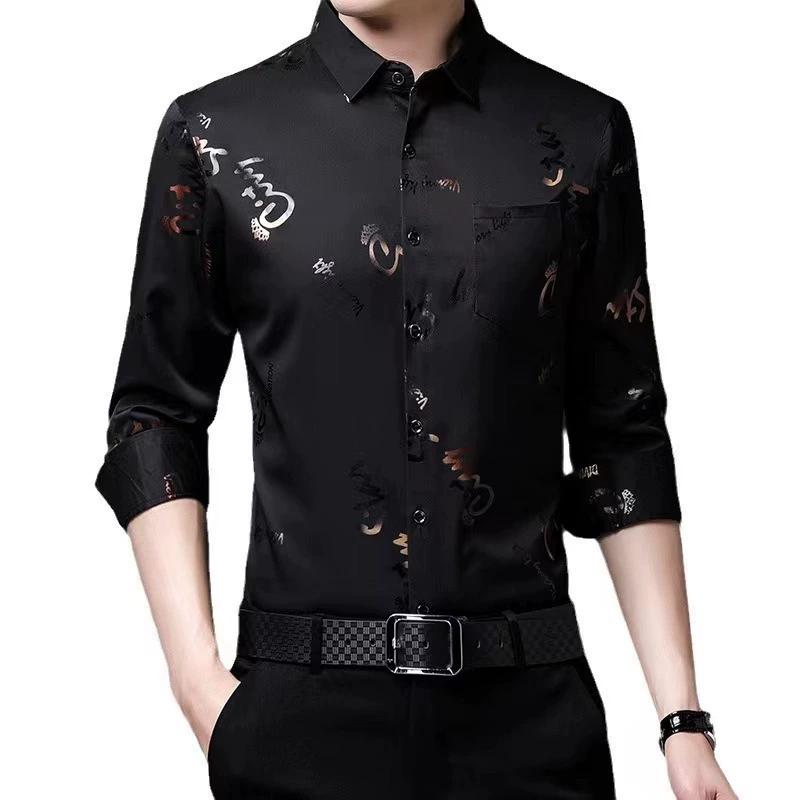 Men's Long Sleeved Casual Shirt Spring and Autumn Fashion Korean Version Slim Fit Shirt Men's Printed Letter Top