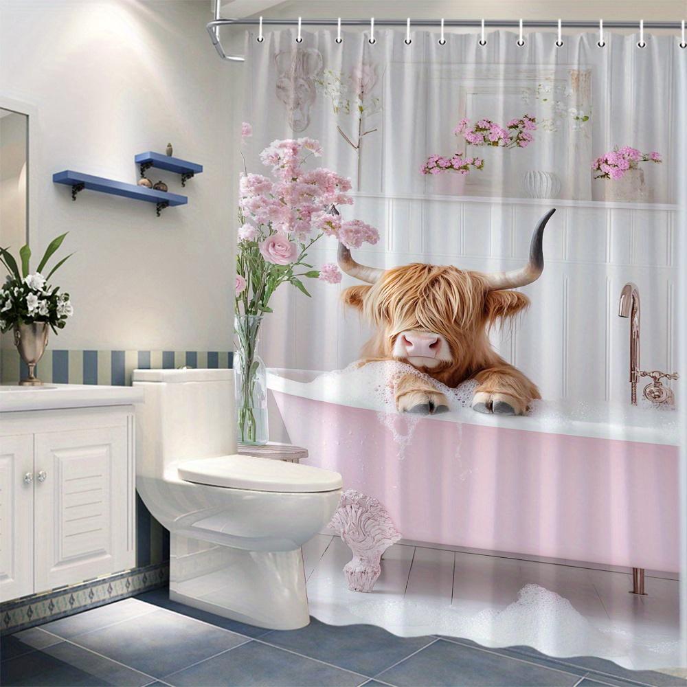 1pc Digital Artistic Cartoon Highland Cow Shower Curtain Pink Bath Vintage Decor Polyester Fabric 12 Hooks