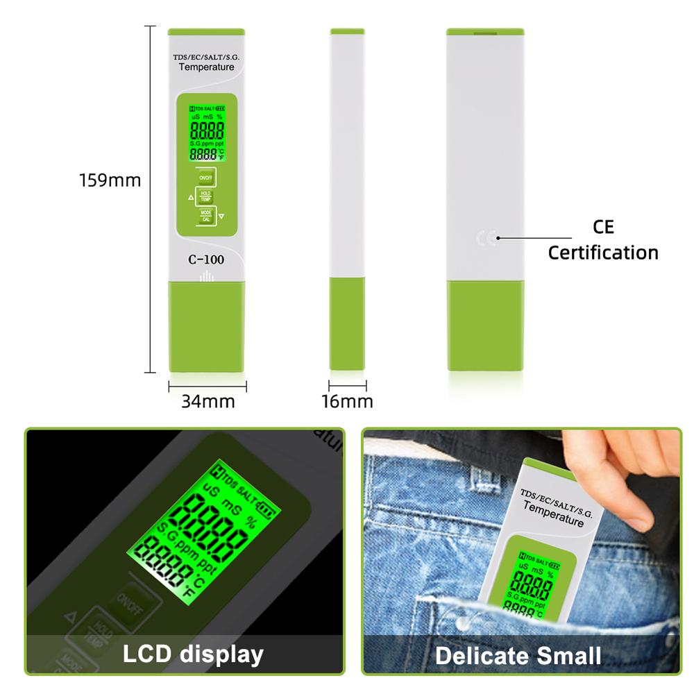 5 in 1 TDS EC SALT S.G. Temperature Meter Digital Water Quality Monitor Tester for Pools Drinking Water Aquariums with