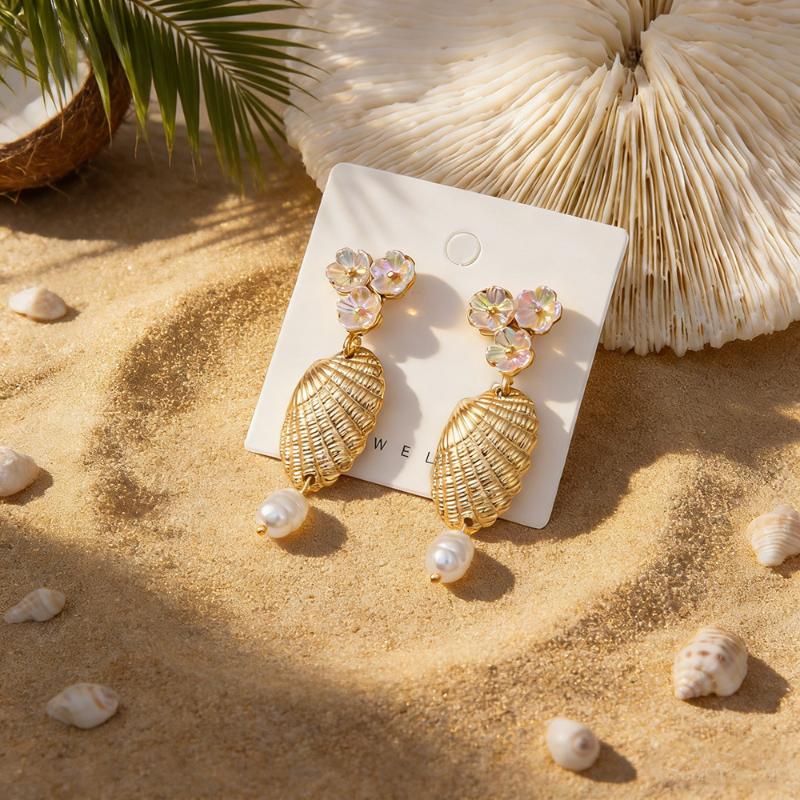 Bohemian Shell Pearl Drop Earrings Gold Plated Ocean Style Earrings For Women Beach Vacation Party Jewelry