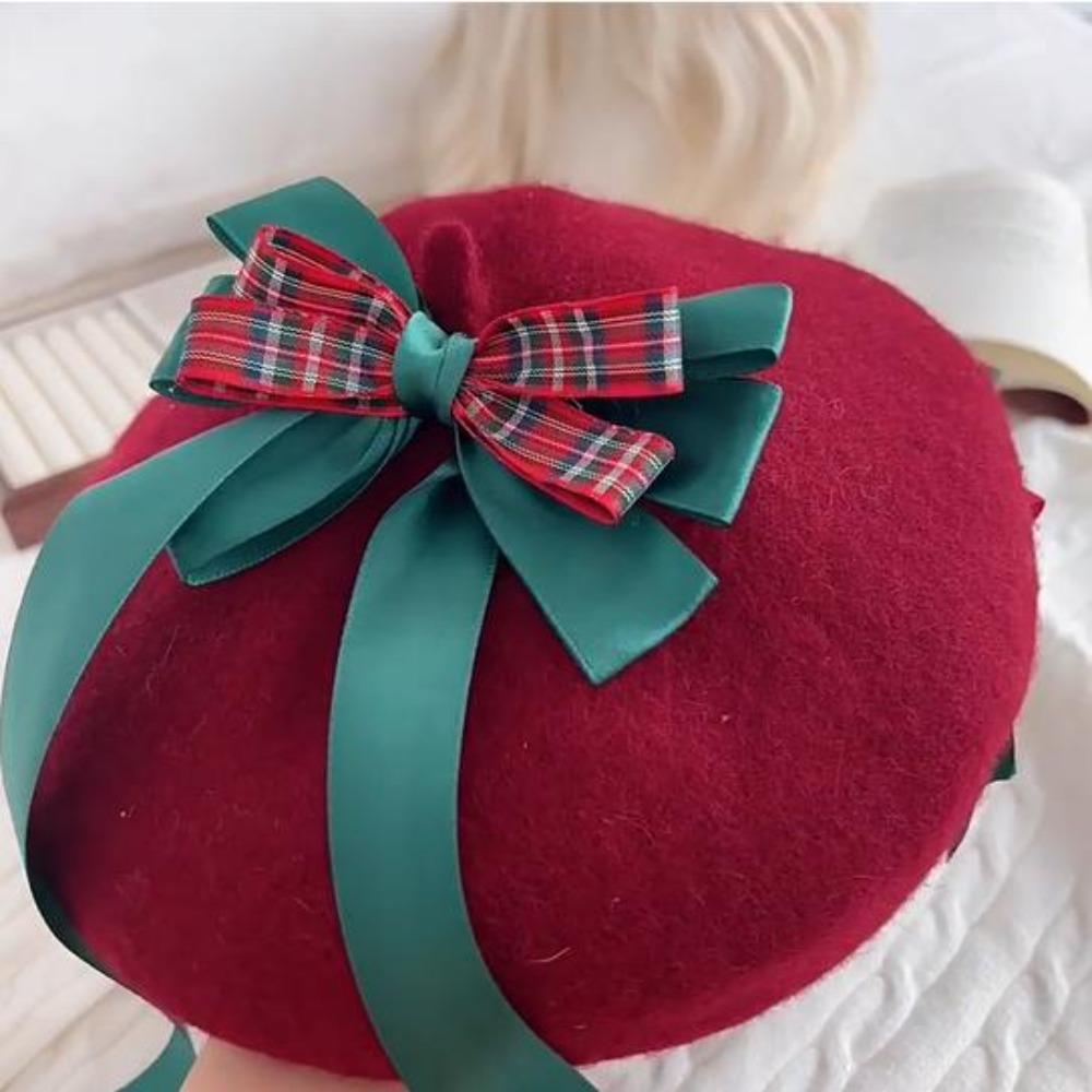 Ribbon Bowknot Lolita Hat Warm Winter Beanie Cap Y2K Japanese Style Beret  Xmas Decor