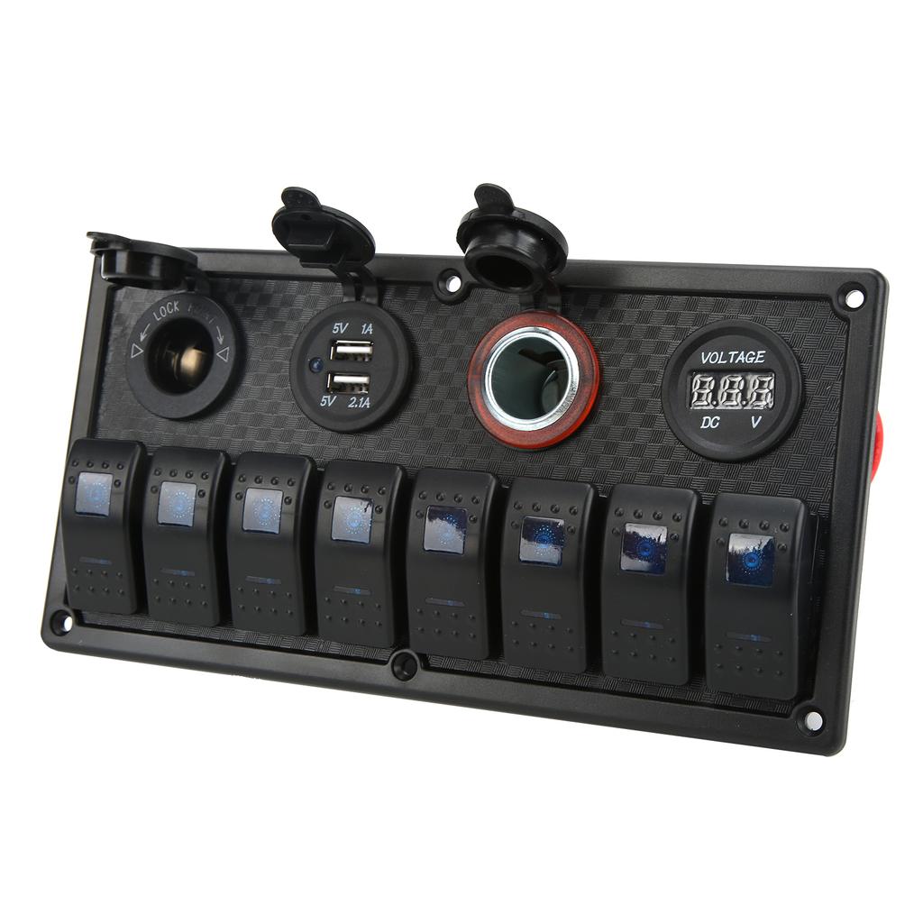 Car Boat Rocker Switch Panel Blue LED Light with Dual USB Voltmeter Cigarette Lighter 12‑24V for Yachts Ships Caravans