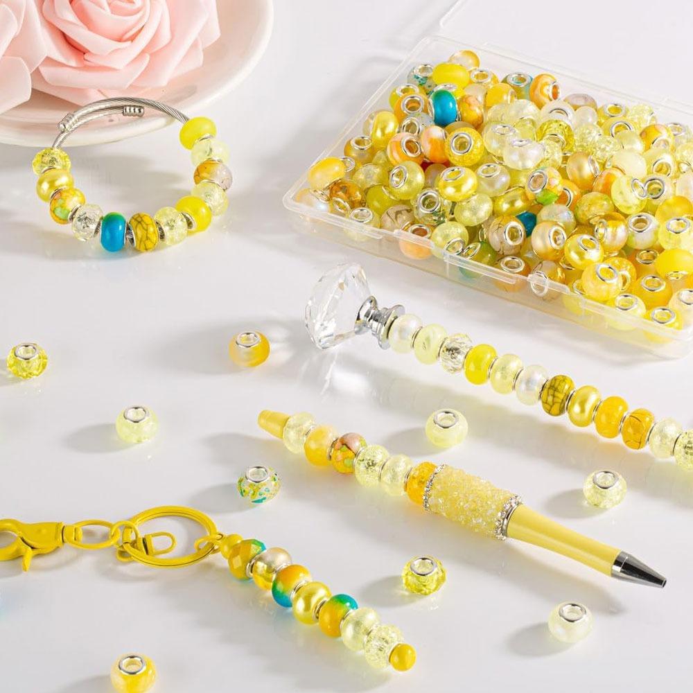 10/20/30pcs Resin Yellow European Large Hole Bead Bulk Jewelry Making Large Hole Spaced Bead Pendant Bracelet Making Necklace Pen DIY Craft