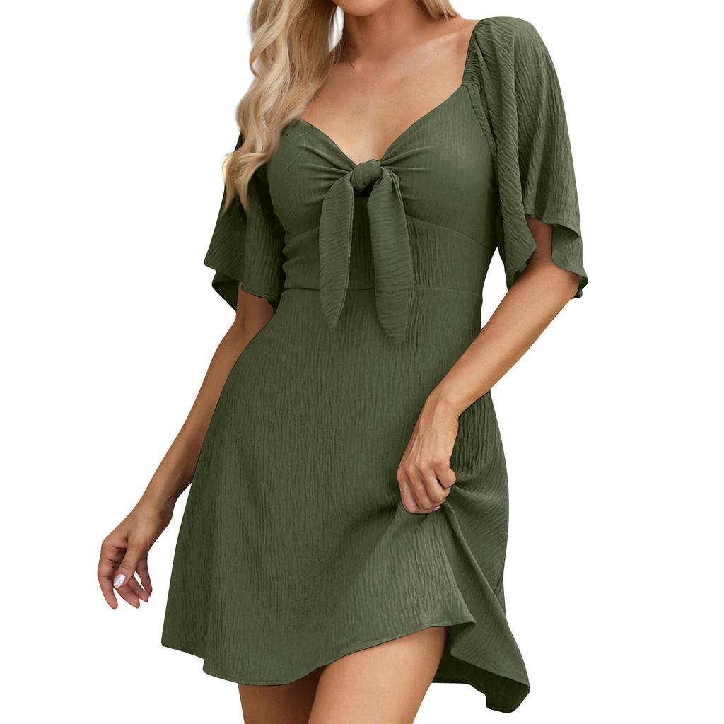 Women Dresses Spring Summer Deep V Neck Elegant Bow Tie Dress