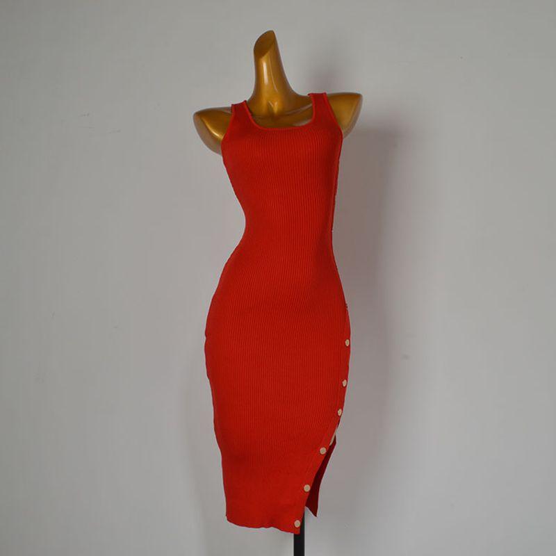 

Summer New Sleeveless Camisole Knitting Dress Women s Clothing Silm Slim Looking Mid Length Long Length Slit Bodycon Dress Red L