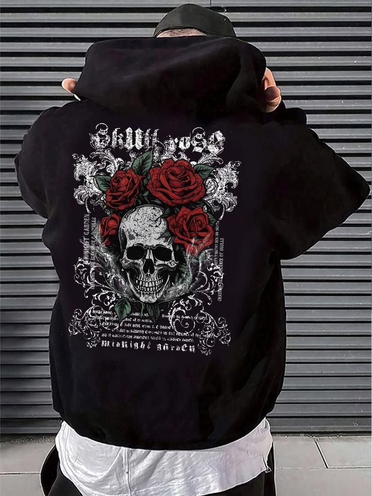 Men's Black Rose & Skull Graphic Hoodie with Lettering - Loose Fit Streetwear Pullover, Front Pockets