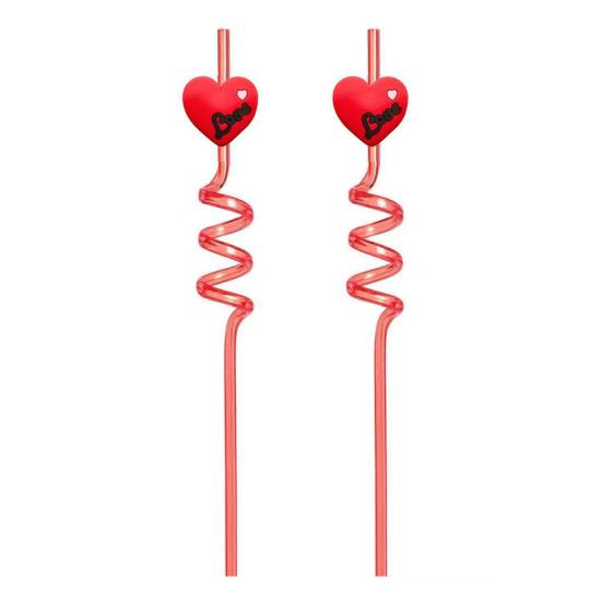 2Pcs Colorful Spiral Straws Creative Drinking Straws with Heart Lip Cake Charm Romantic Pink