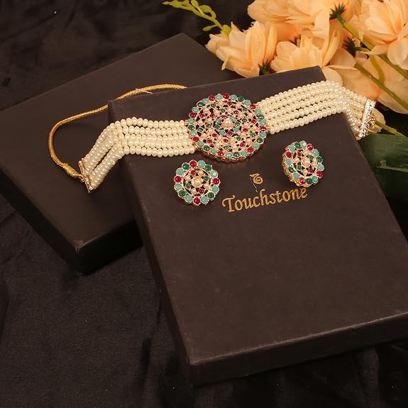 Indian Bollywood Traditional Faux Pearls Grand Designer Jewelry Choker Necklace Set in Antique Gold Tone for Women