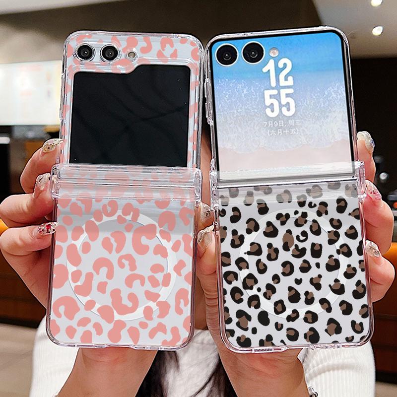 Custodia Stampa Leopardo Per Samsung Z Flip 8 7 6 5 4 Magnetica Per Magsafe Trasparente PC Rigido Pieghevole Copertura Per Telefono Per Galaxy Z Flip8 Flip7 Flip6