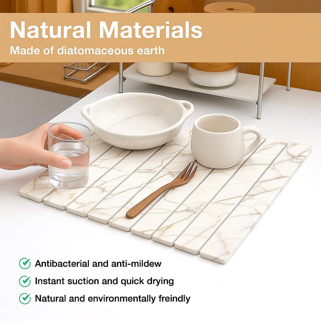 Large Diatomite Drying Mat for Dishes, 24x16 Inch Foldable Non-Slip Kitchen Counter Mat, Fast Absorbing & Antibacterial Sink Pad