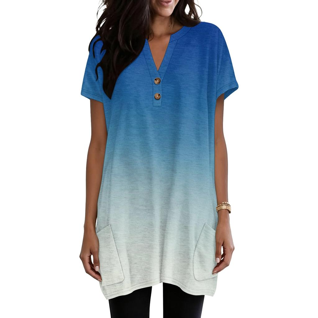 Women's V-Neck Gradient Print Short Sleeve Blouse with Pocket - Casual Pullover Top for Everyday Wear