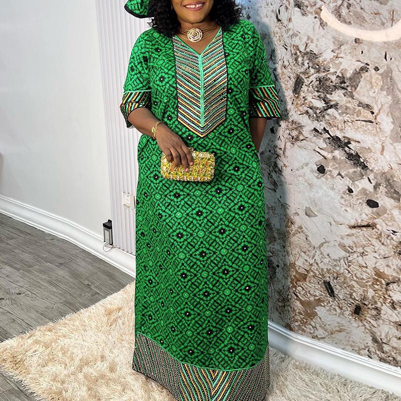 VONDA Lockeres, langes Kleid mit V-Ausschnitt und 1/2 Ärmeln für Damen in großen Größen