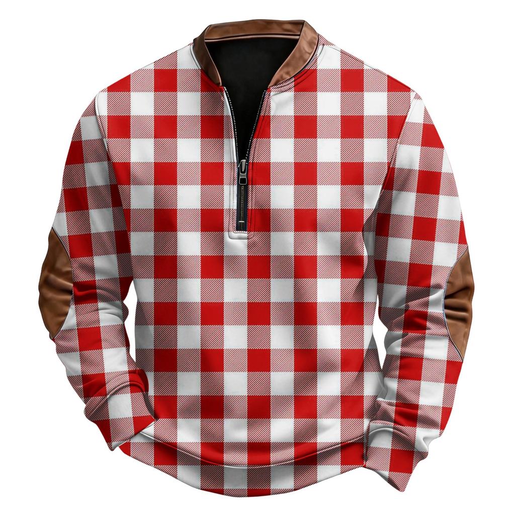 Herr Casual, Trendig, Retro Amerikanskt Rutigt Tryck Rundhals Långärmad Halv-dragkedja En-del Sweatshirt